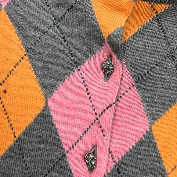 NY & Co Argyle Cardigan Gray Pink Orange Preppy Button Up Sweater Sz M - Picture 6 of 7